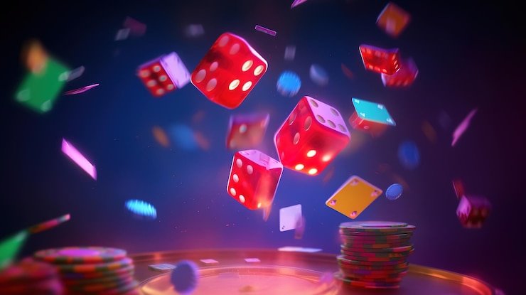 Meja kasino dengan chip warna-warni dan dadu